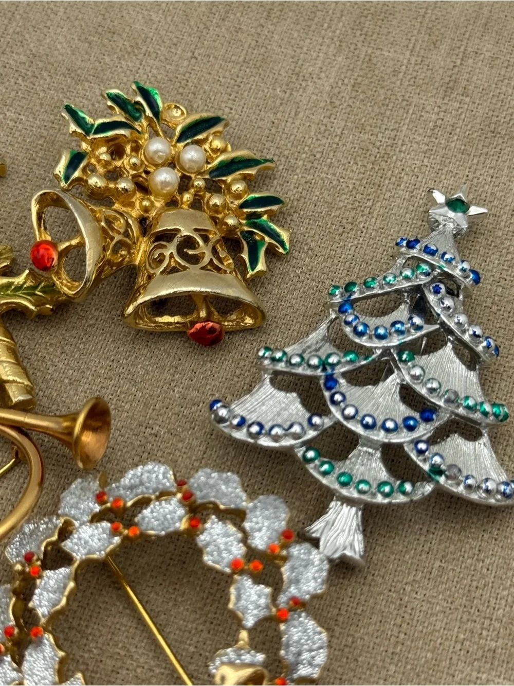 Vintage Christmas Brooch Lot - Gold, Silver, Green, Red Accents